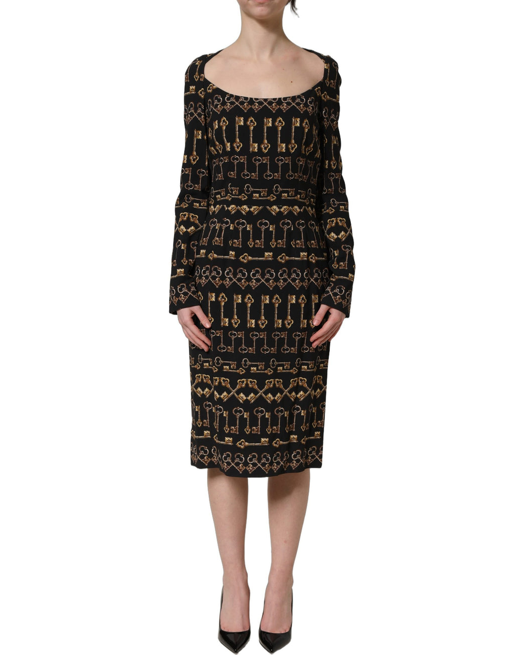 Black Key Print Long Sleeves Sheath Midi Dress