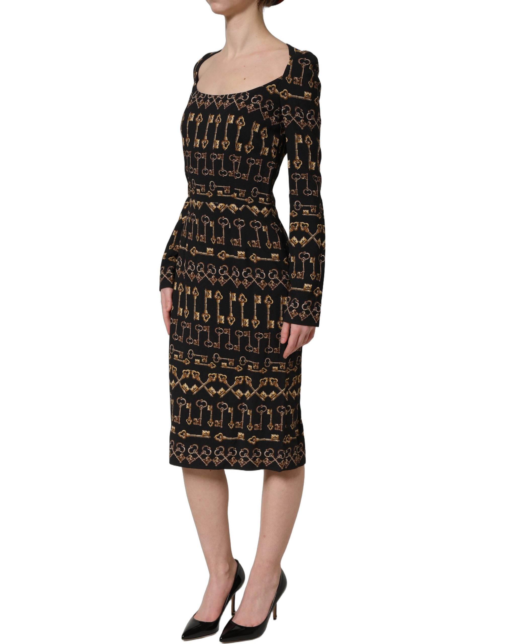 Black Key Print Long Sleeves Sheath Midi Dress