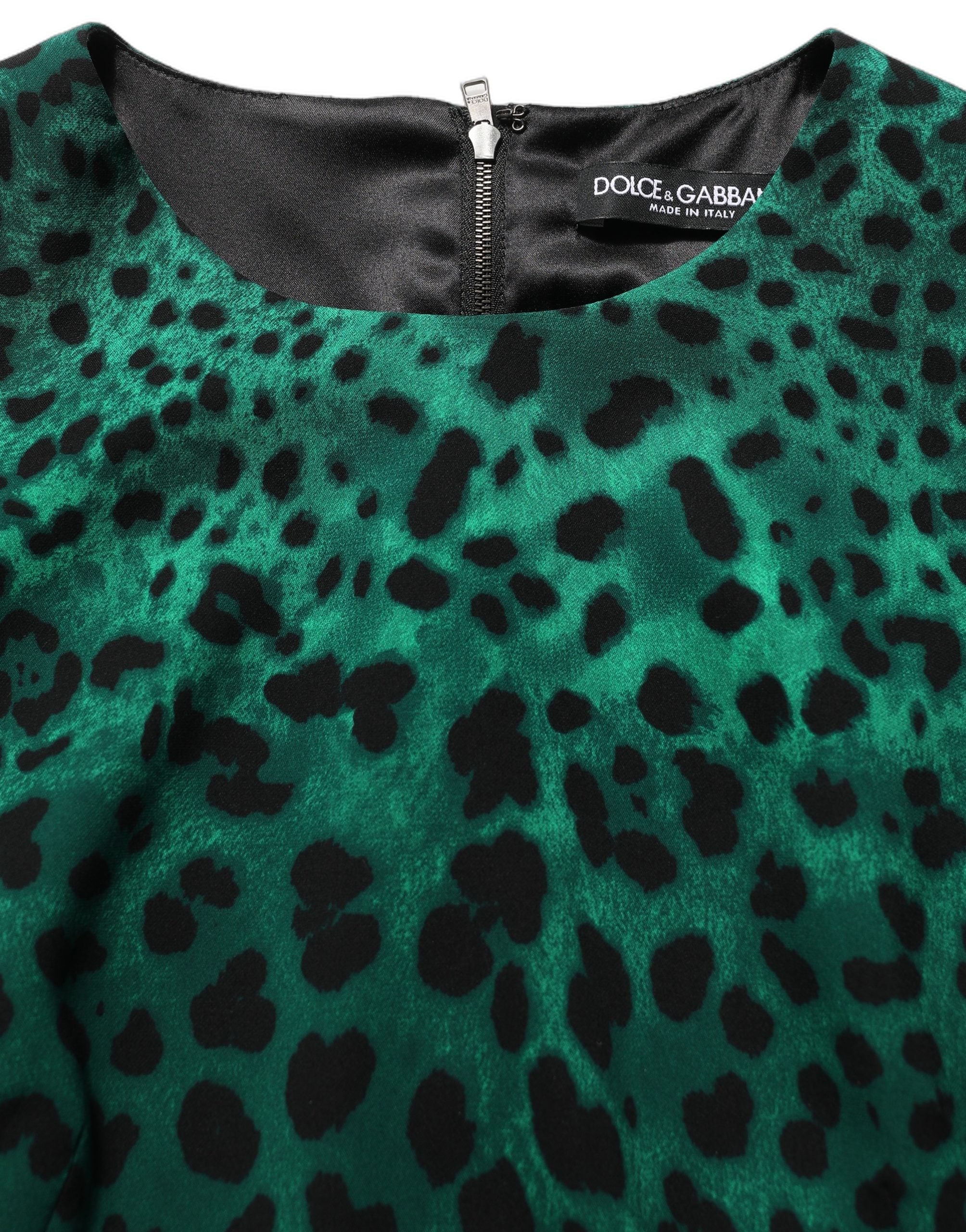 Green Leopard Print Silk Knee Length Dress