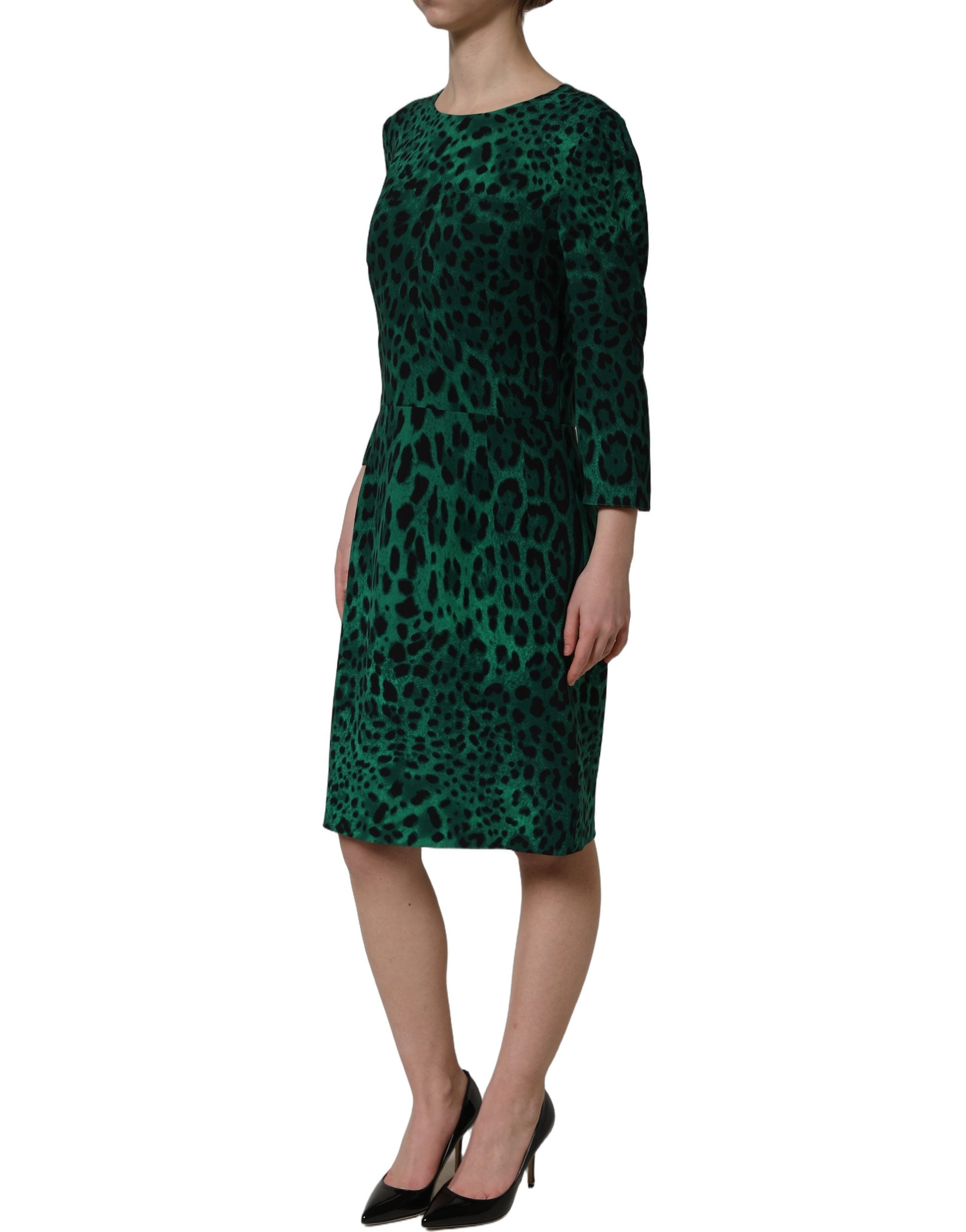 Green Leopard Print Silk Knee Length Dress
