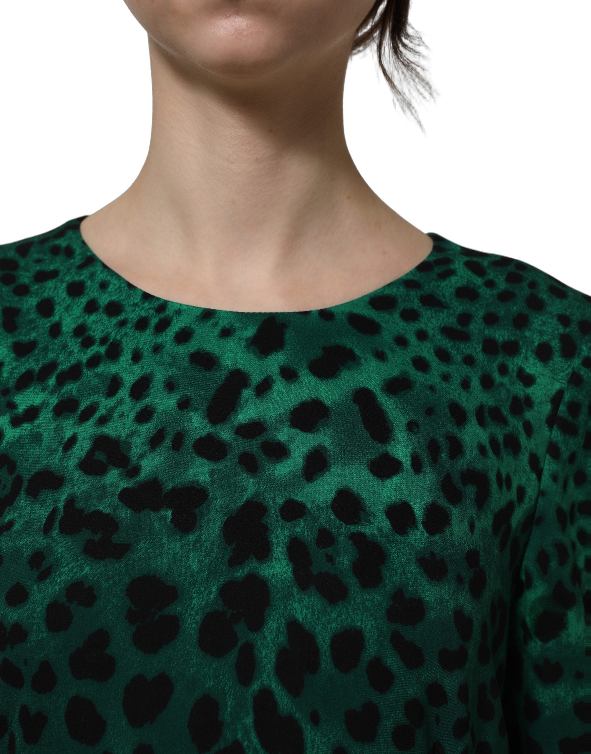 Green Leopard Print Silk Knee Length Dress