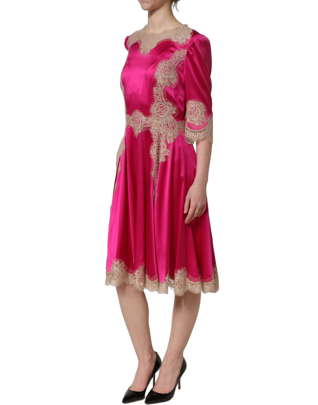 Fuchsia Pink Lace Detail A-line Midi Dress
