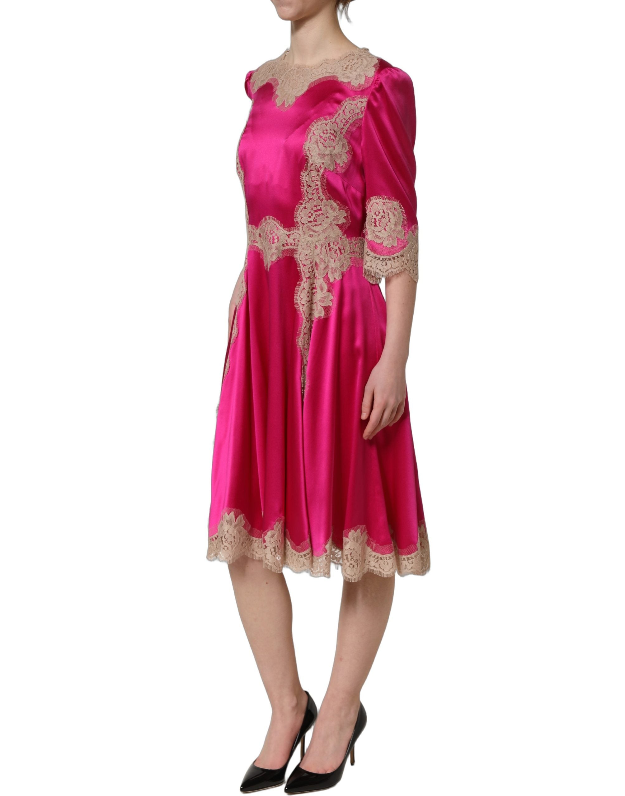 Fuchsia Pink Lace Detail A-line Midi Dress