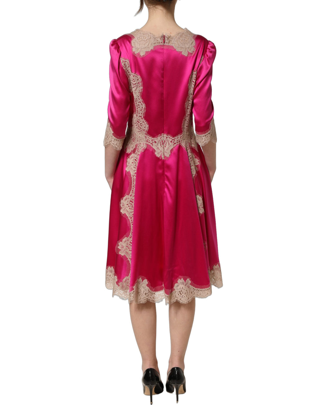 Fuchsia Pink Lace Detail A-line Midi Dress
