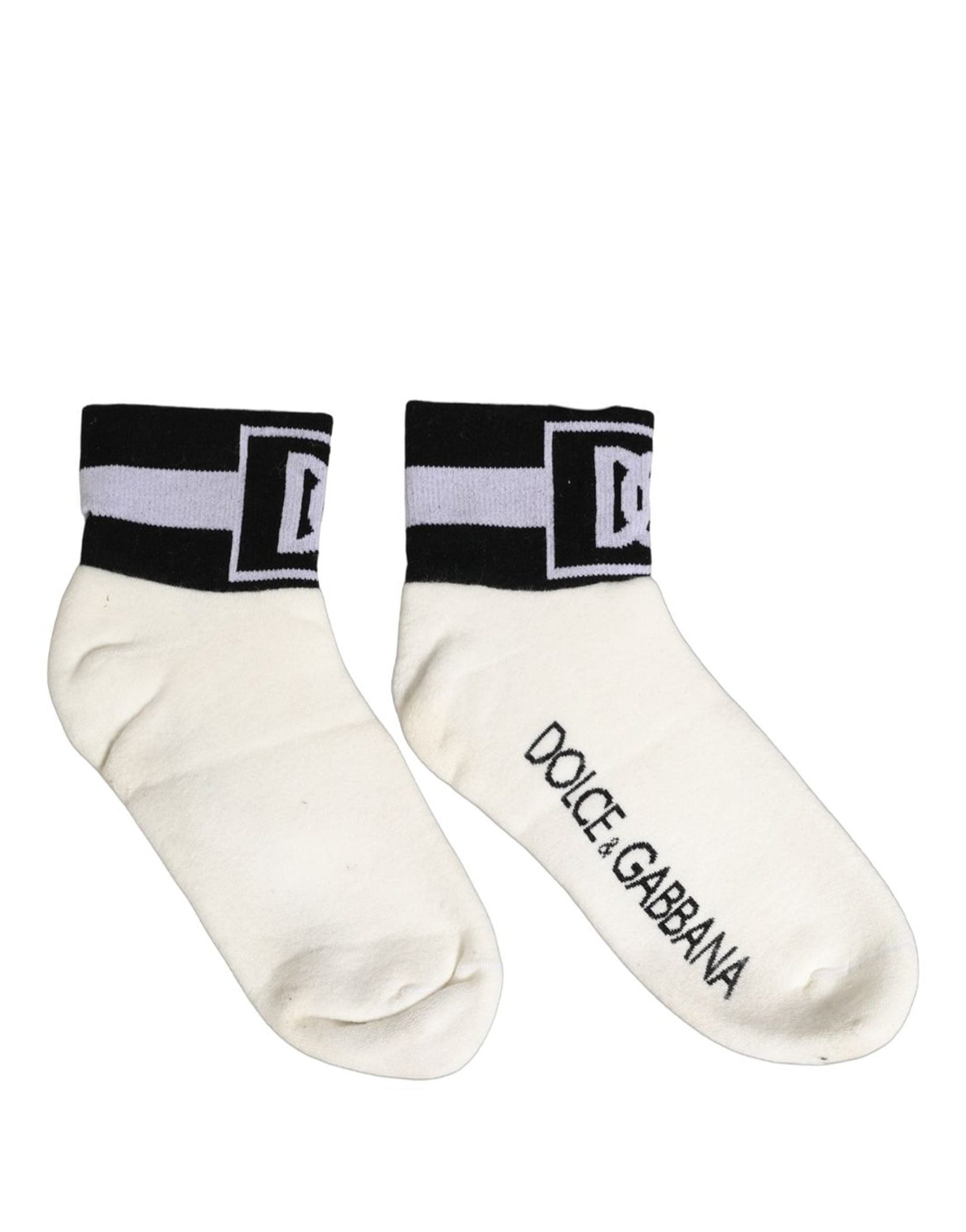 White Black Cotton Ankle Length DG Logo Socks