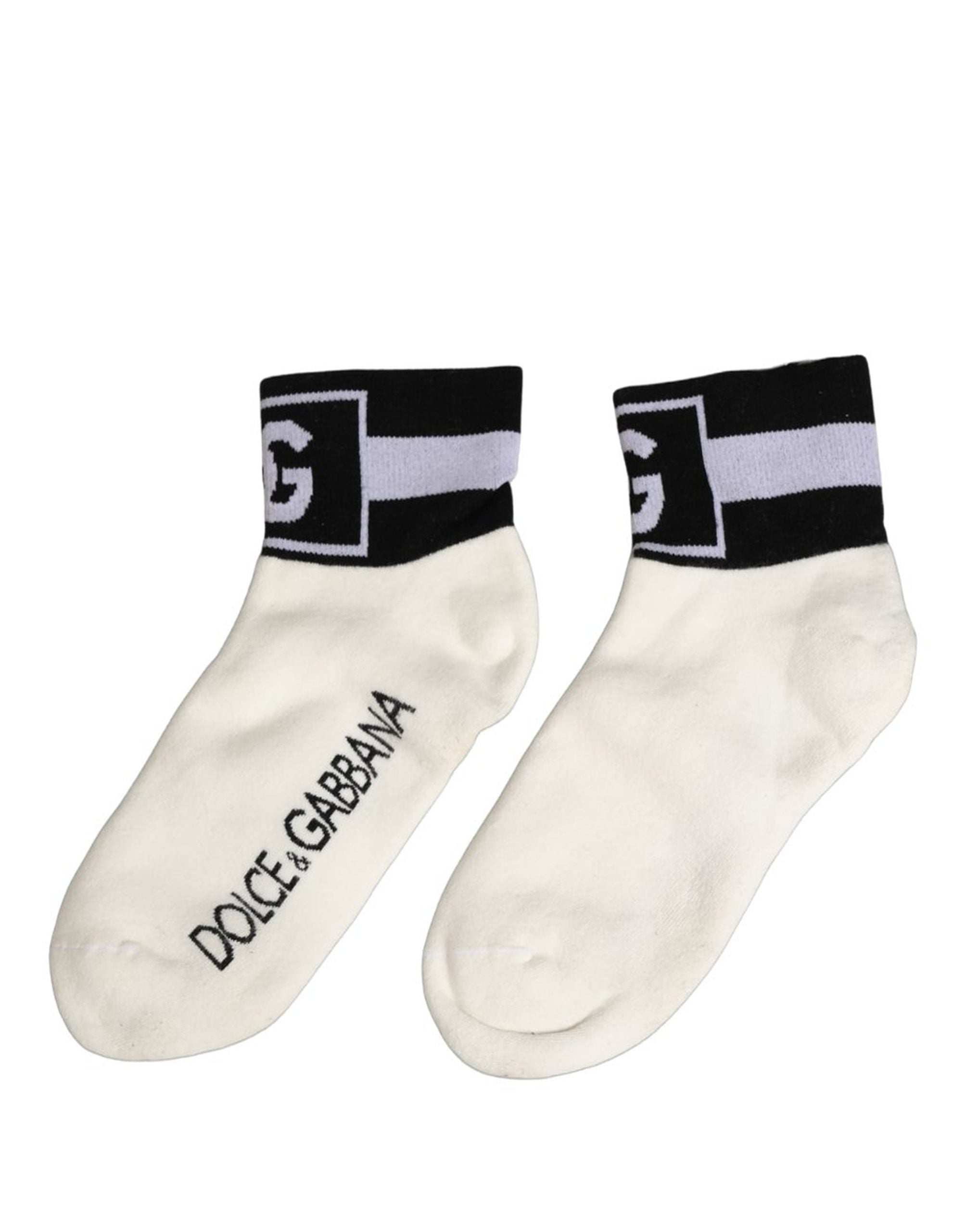 White Black Cotton Ankle Length DG Logo Socks