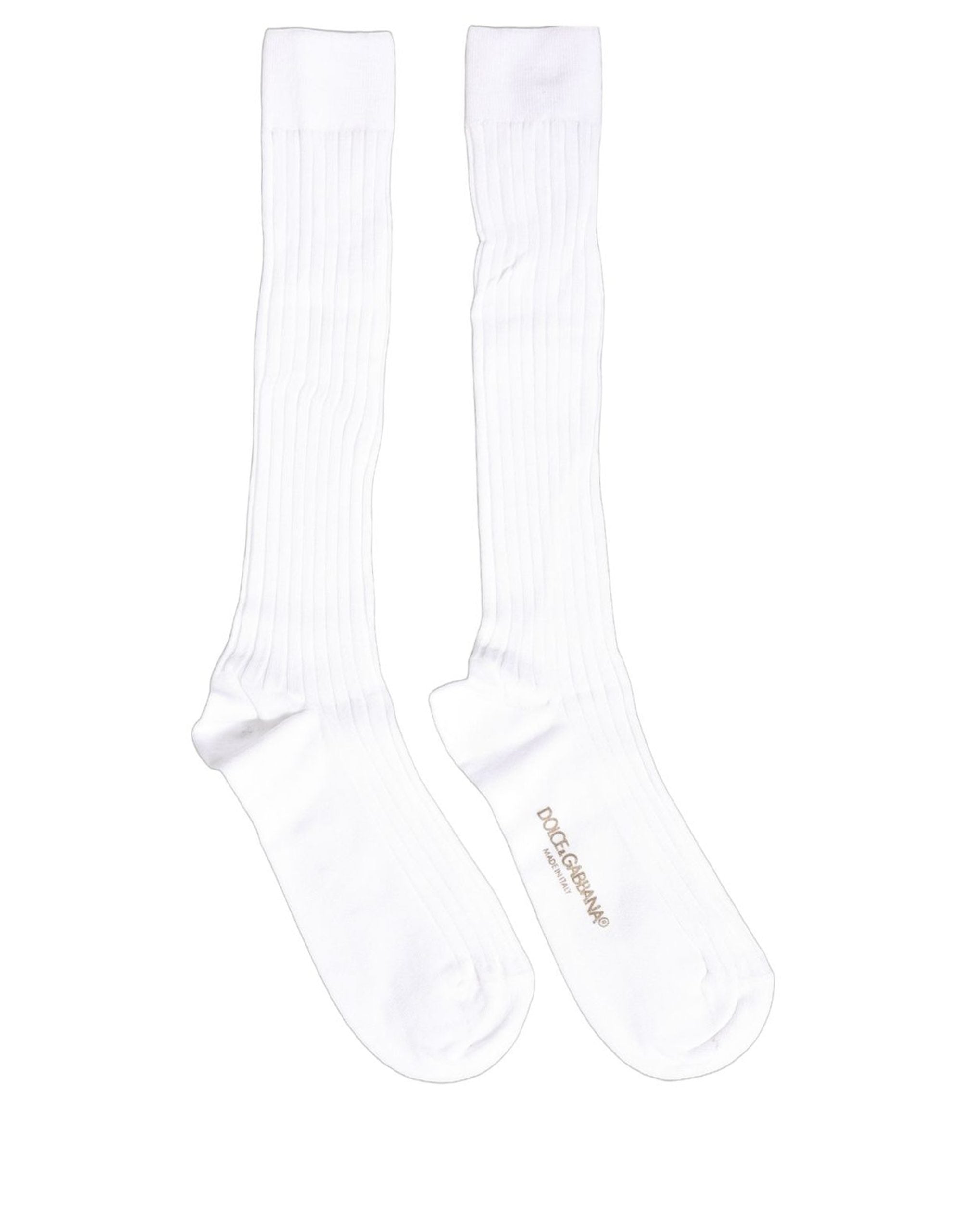 White Cotton Ribbed Logo Over The Calf Women Socks
