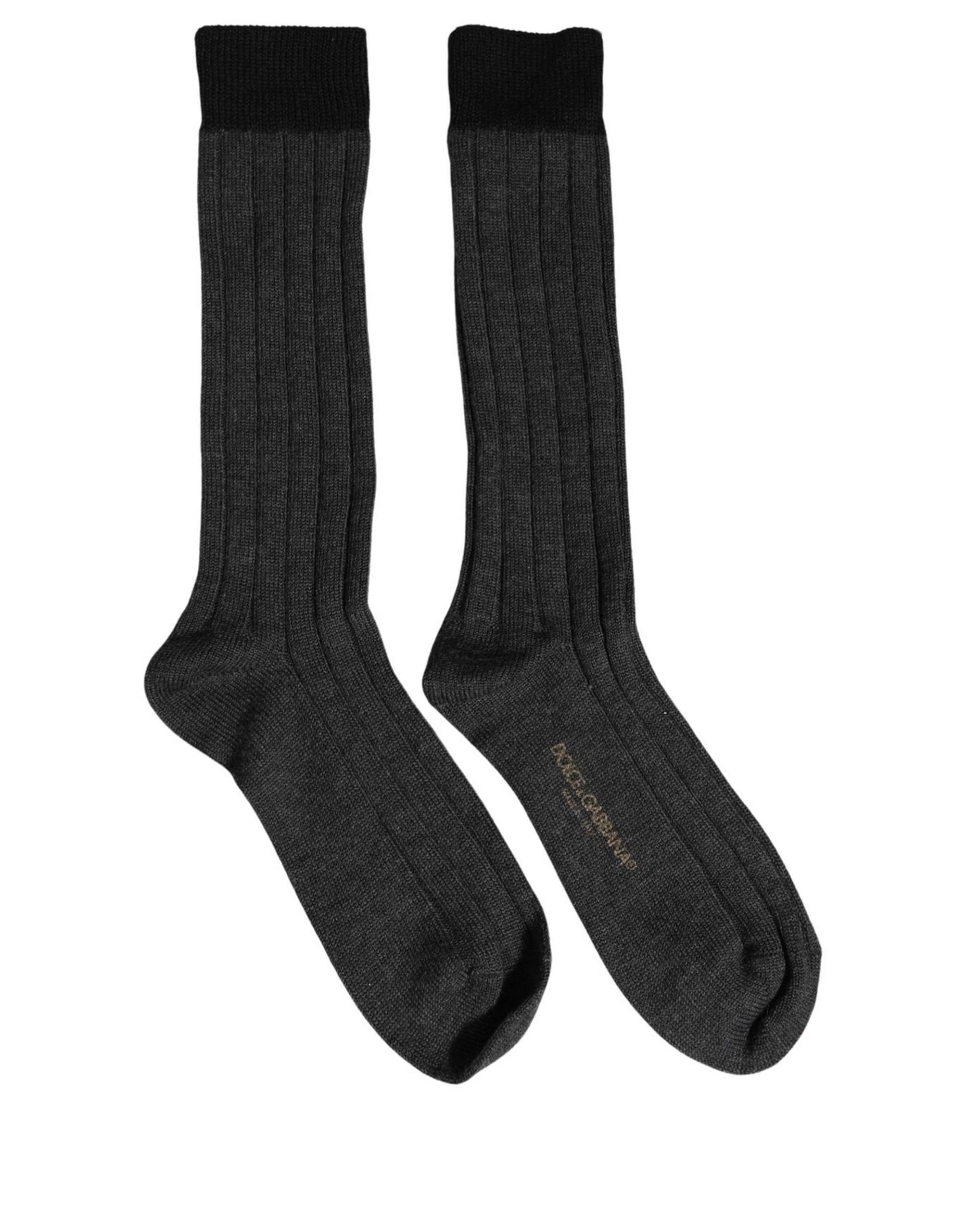 Dark Gray Wool Logo Calf Long Ribbed Accessory Socks
