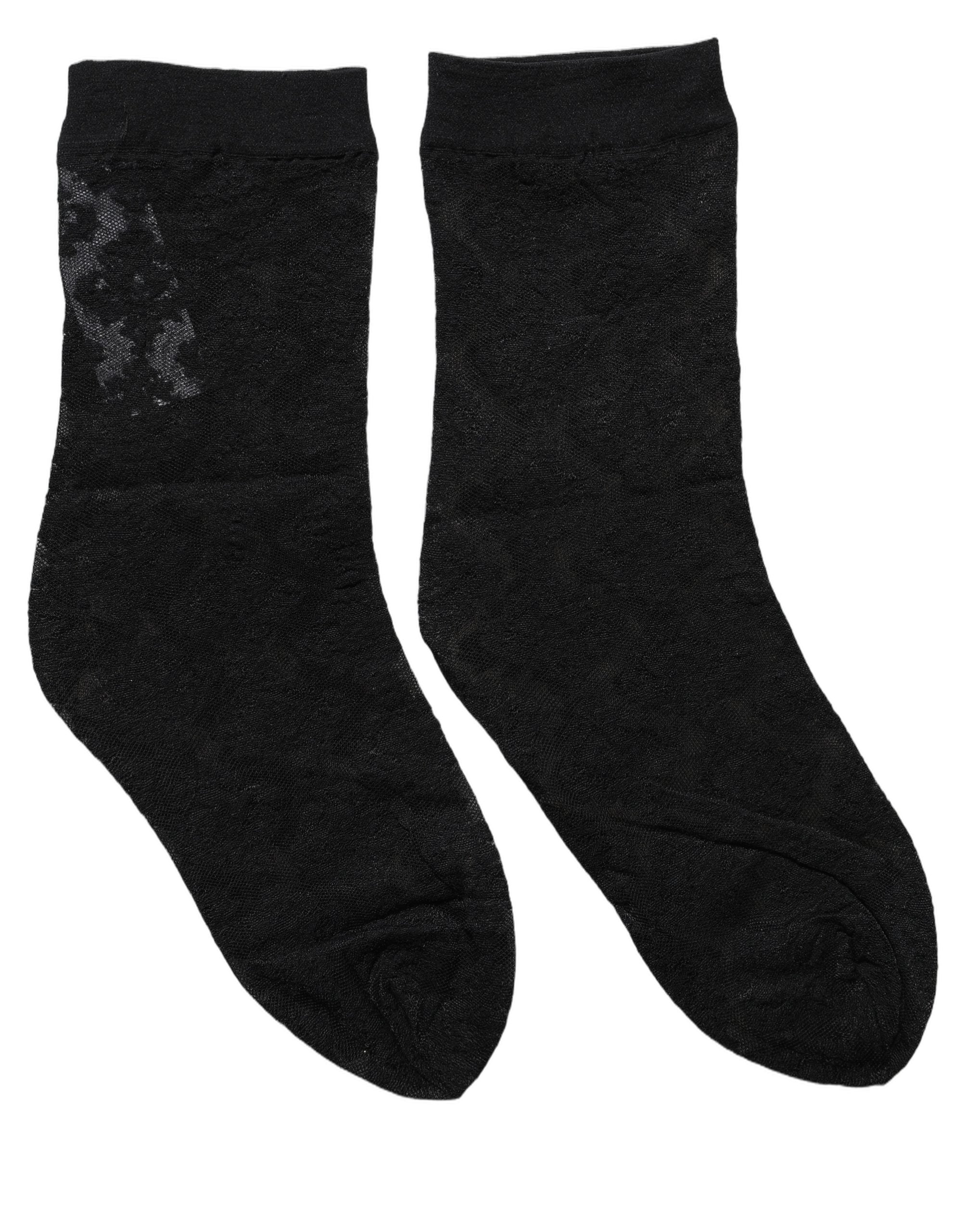 Black Floral Nylon Stretch Mid Calf Socks