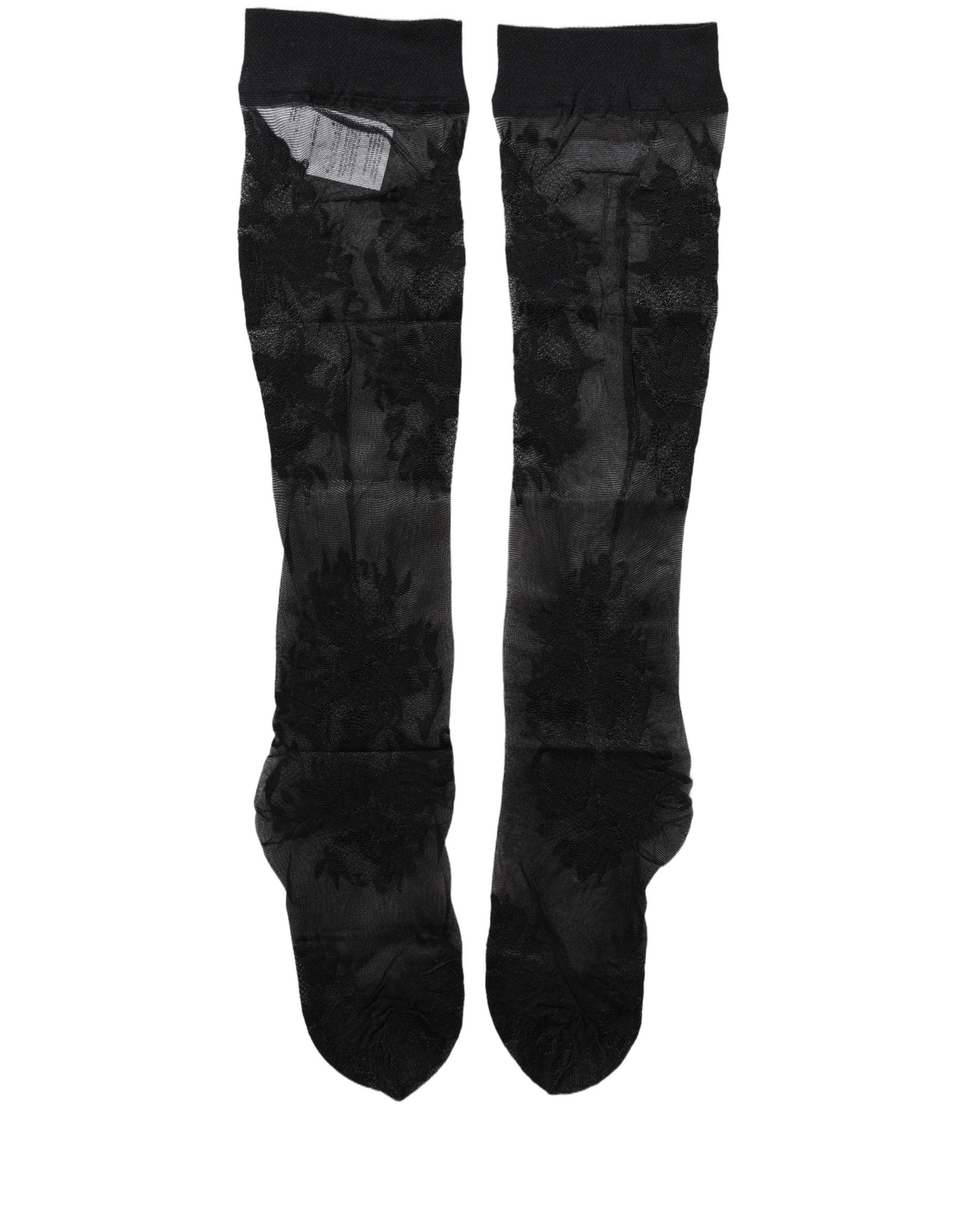 Black Floral Nylon Stretch Over The Calf Socks