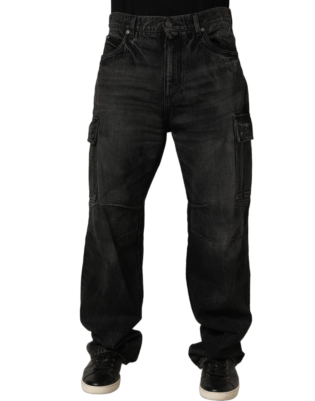 Dark Gray Cotton Baggy Cargo Men Denim Jeans