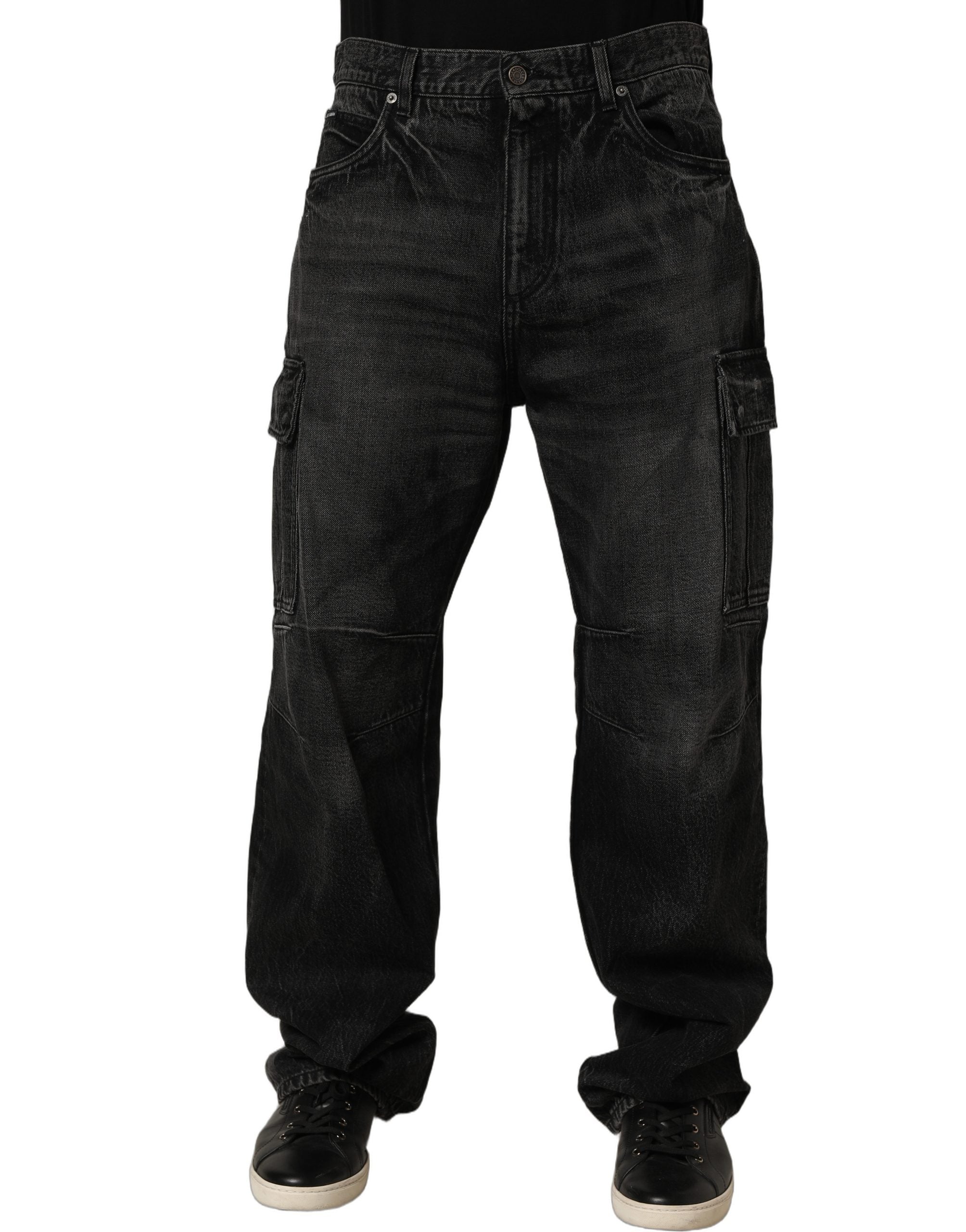 Dark Gray Cotton Baggy Cargo Men Denim Jeans