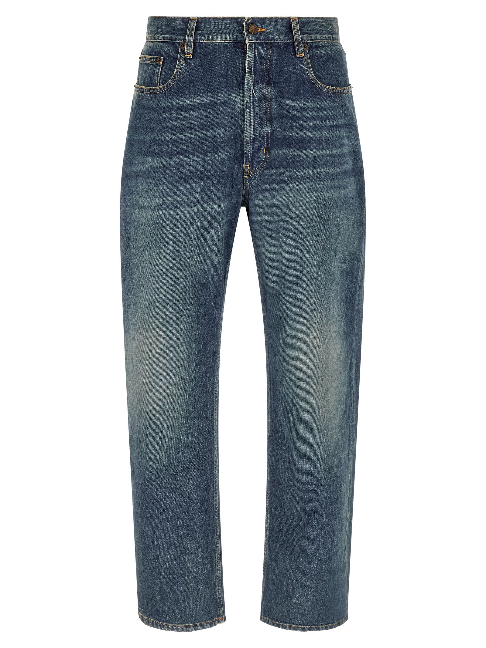 Blue Cotton Straight-Leg Jeans