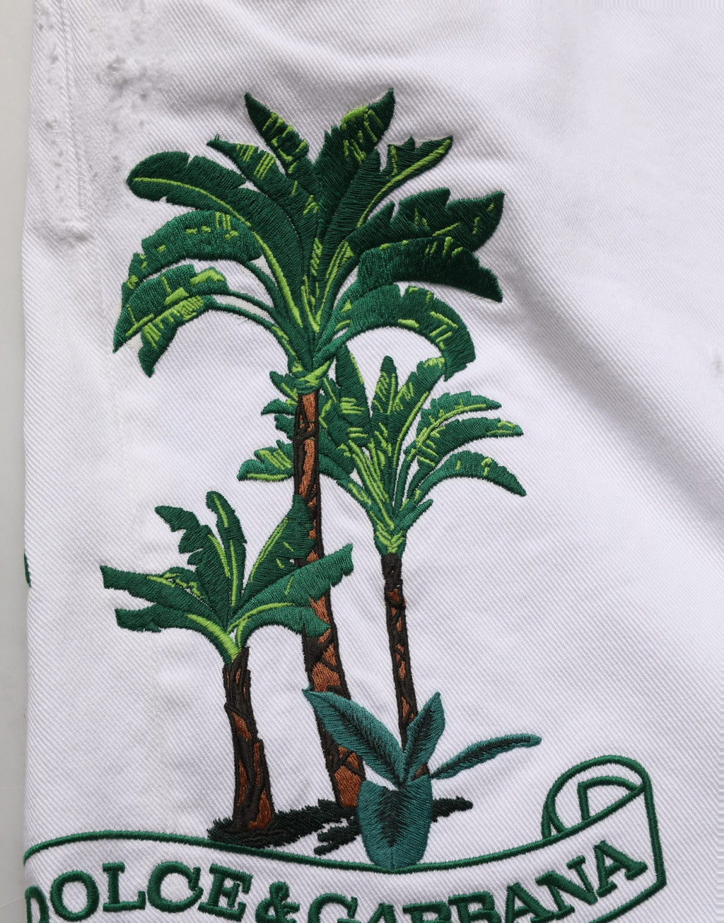 White Palm Embroidery Denim Bermuda Shorts