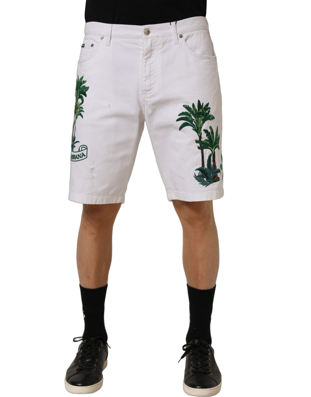 White Palm Embroidery Denim Bermuda Shorts