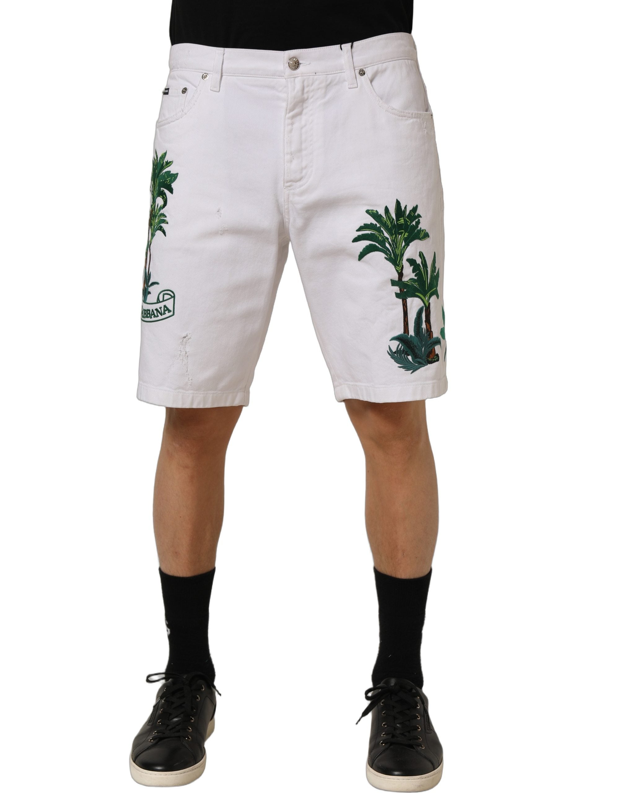 White Palm Embroidery Denim Bermuda Shorts