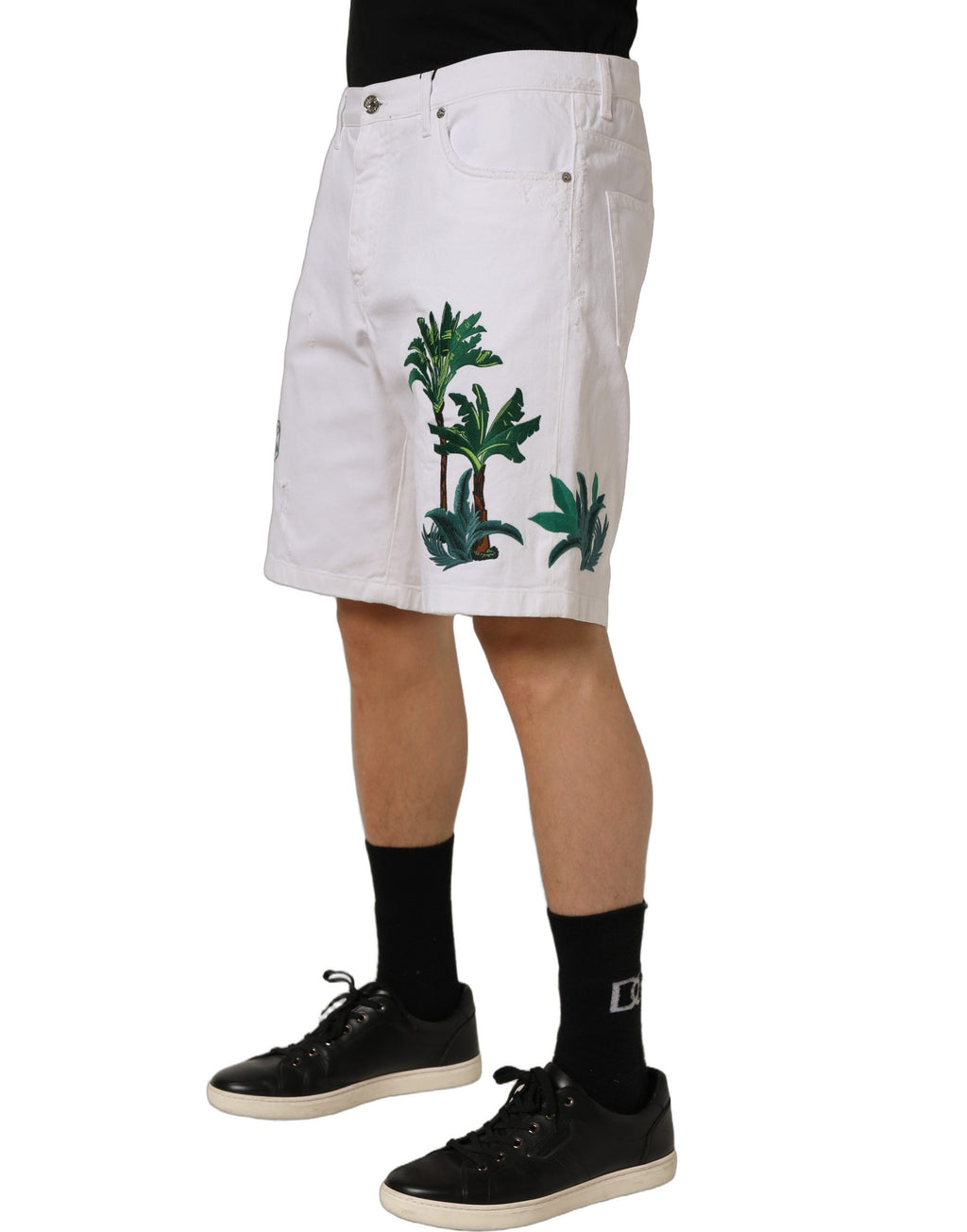 White Palm Embroidery Denim Bermuda Shorts