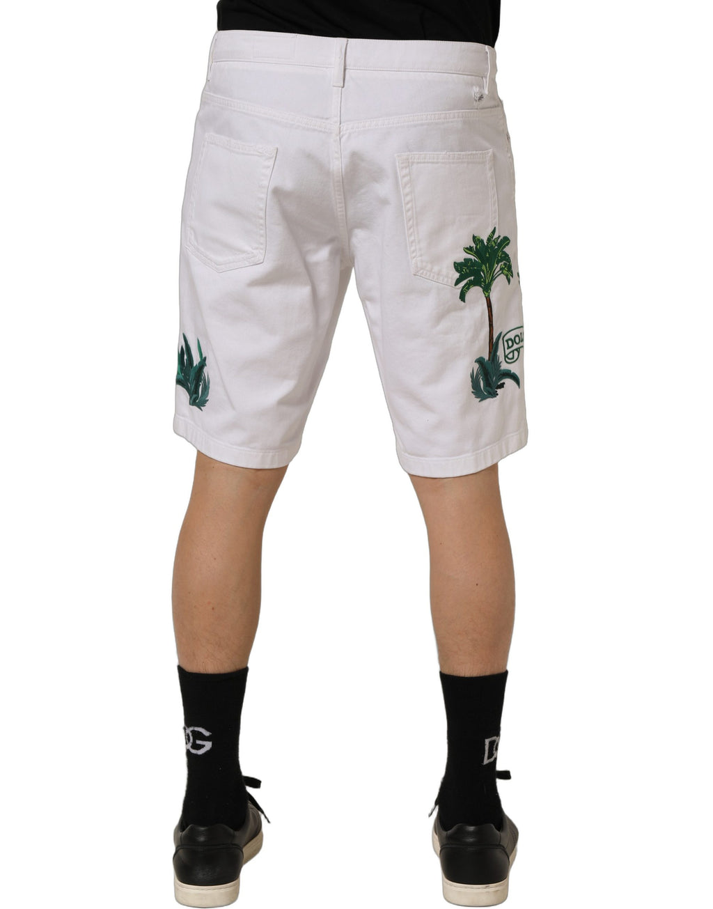 White Palm Embroidery Denim Bermuda Shorts