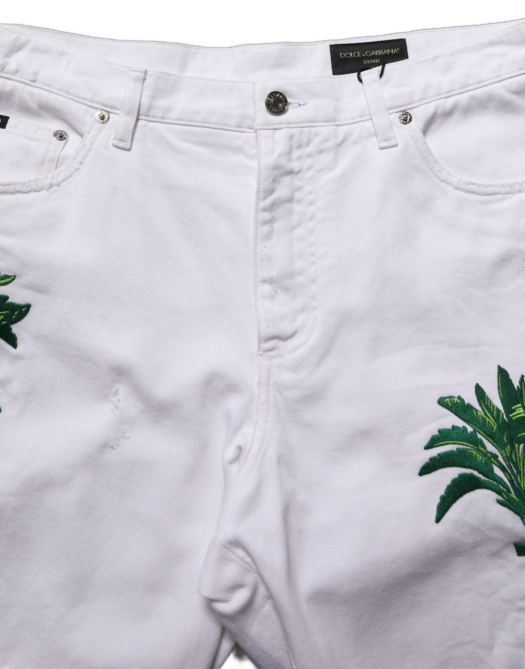 White Palm Embroidery Denim Bermuda Shorts