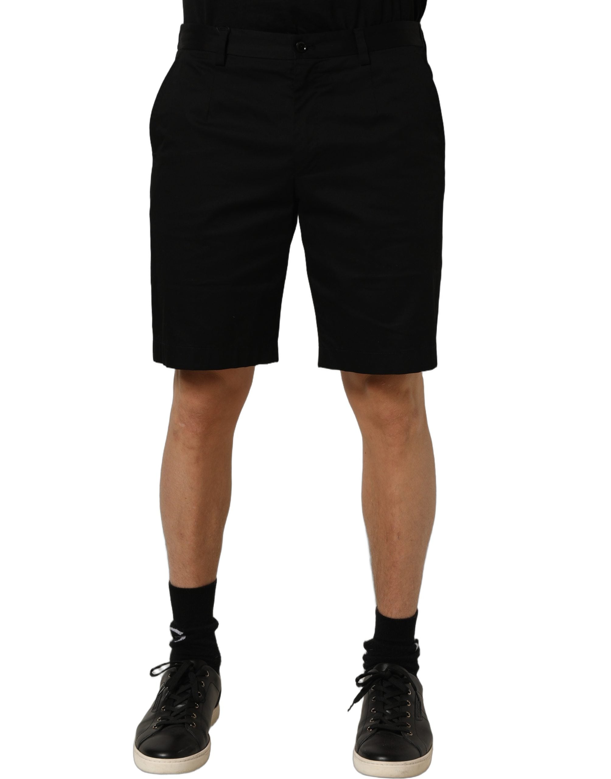 Black Cotton Mid Waist Men Bermuda Shorts