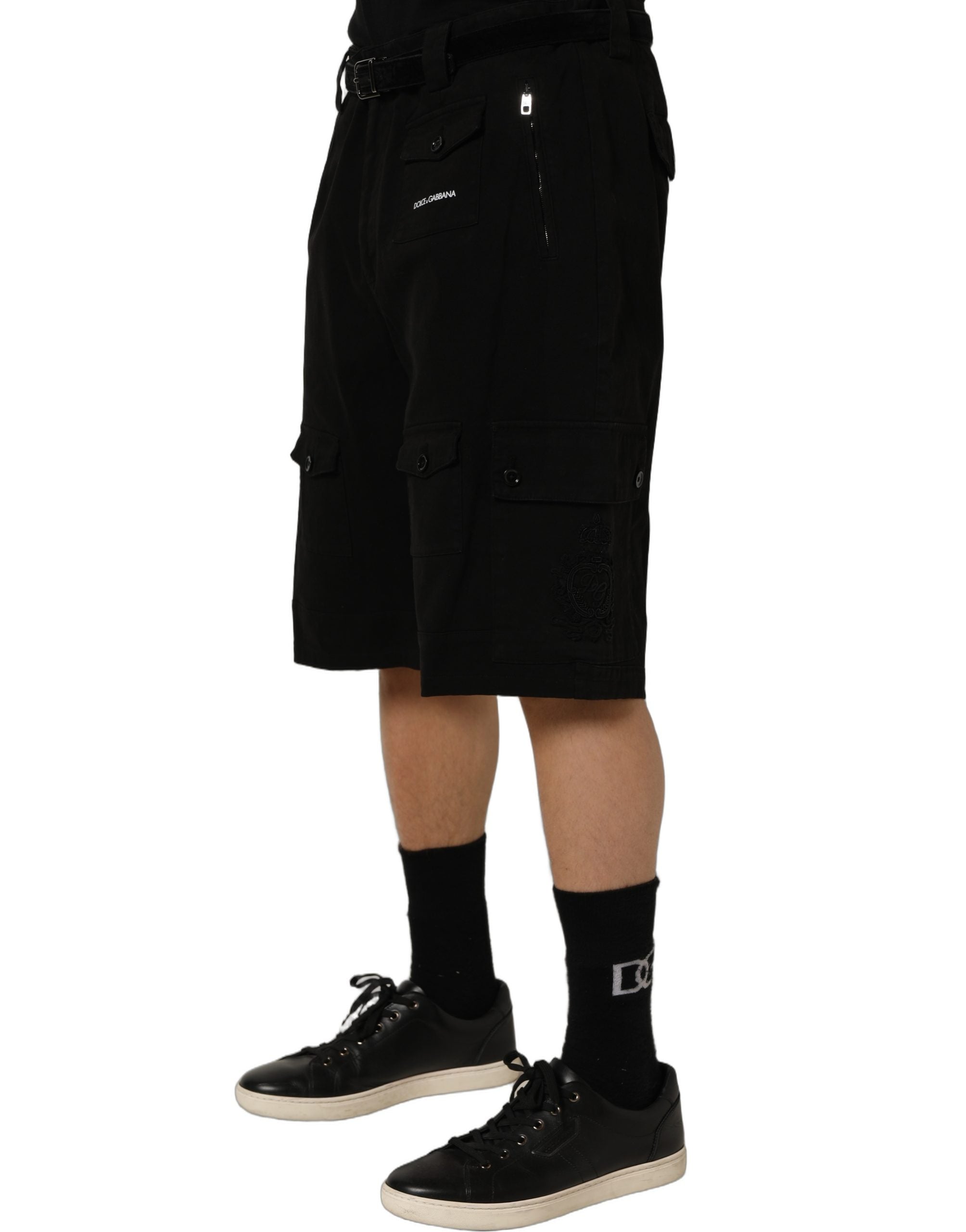 Black Cotton Mid Waist Men Cargo Shorts