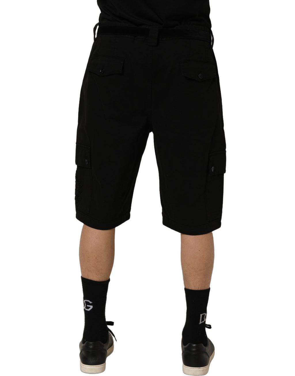 Black Cotton Mid Waist Men Cargo Shorts