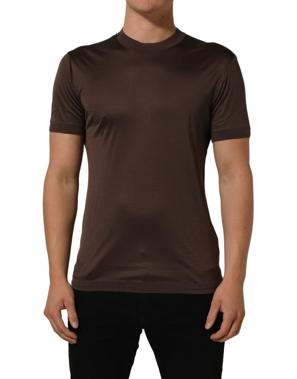 Brown Silk Crew Neck Short Sleeves T-shirt