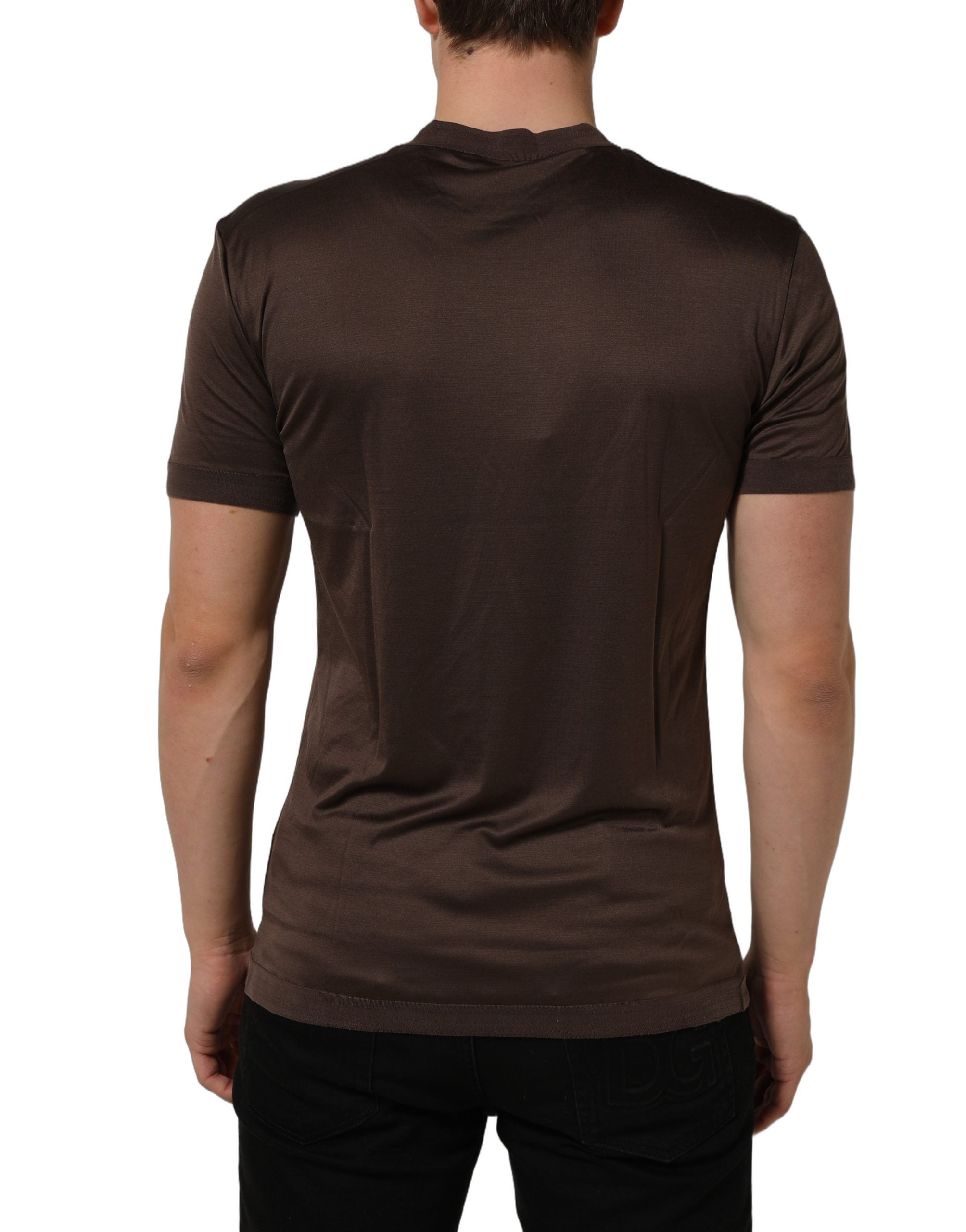 Brown Silk Crew Neck Short Sleeves T-shirt
