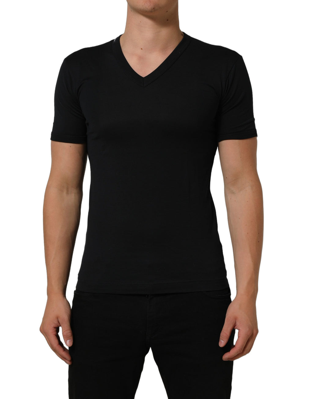 Dark Blue Cotton V-Neck Short Sleeve T-shirt