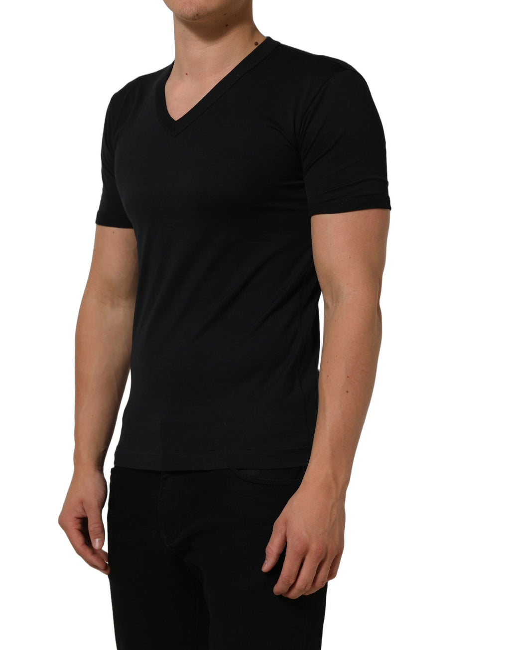 Dark Blue Cotton V-Neck Short Sleeve T-shirt
