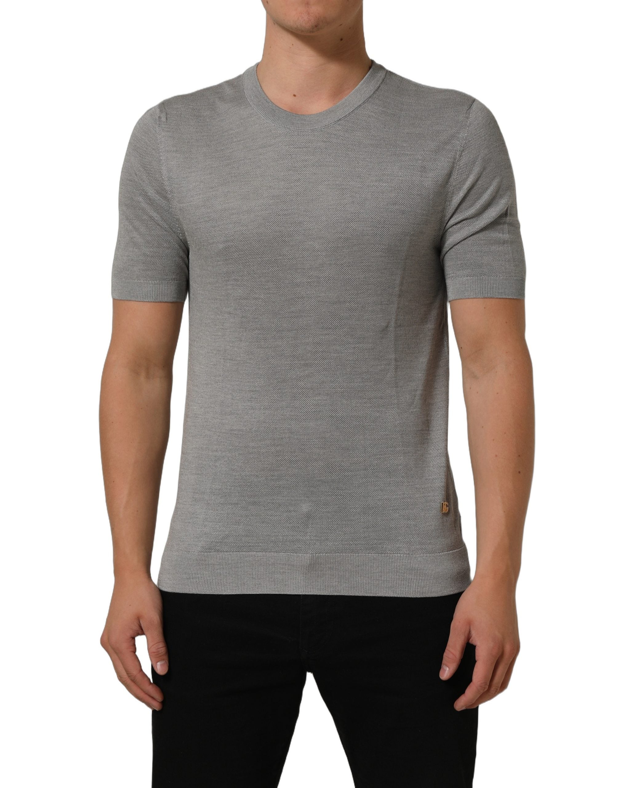 Gray Silk Crew Neck Short Sleeves T-shirt