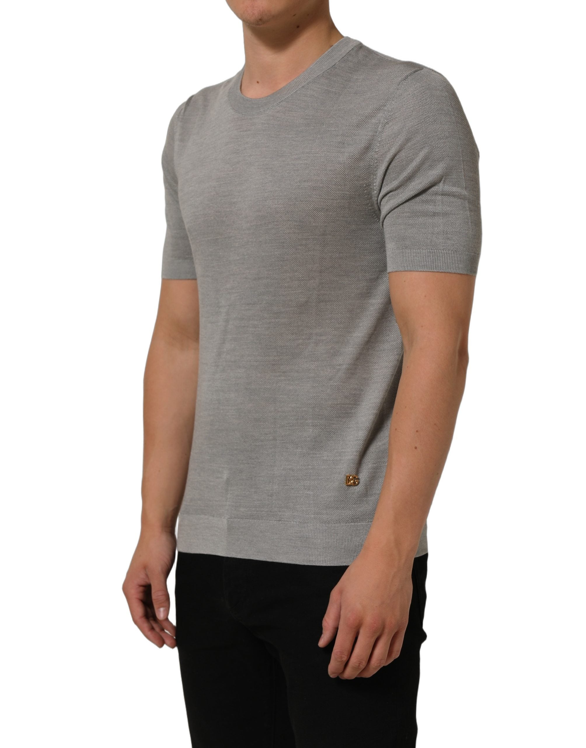 Gray Silk Crew Neck Short Sleeves T-shirt
