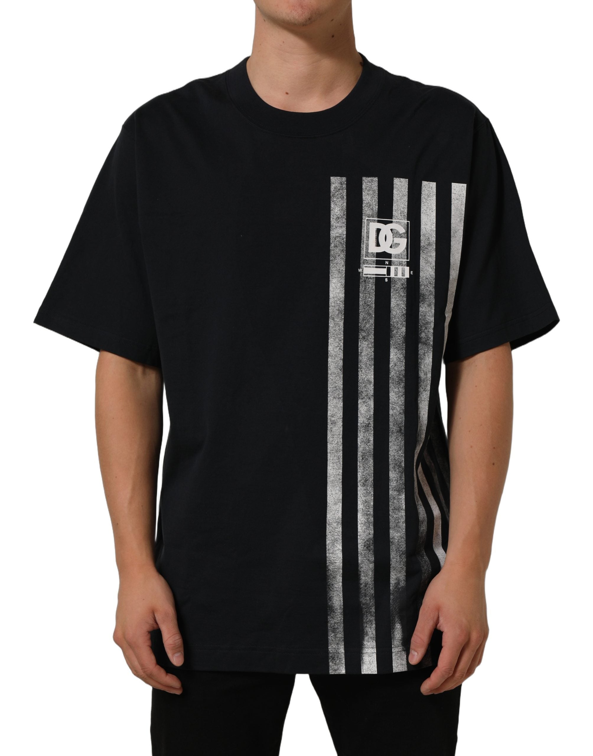 Blue Striped Print Cotton Crew Neck  T-shirt