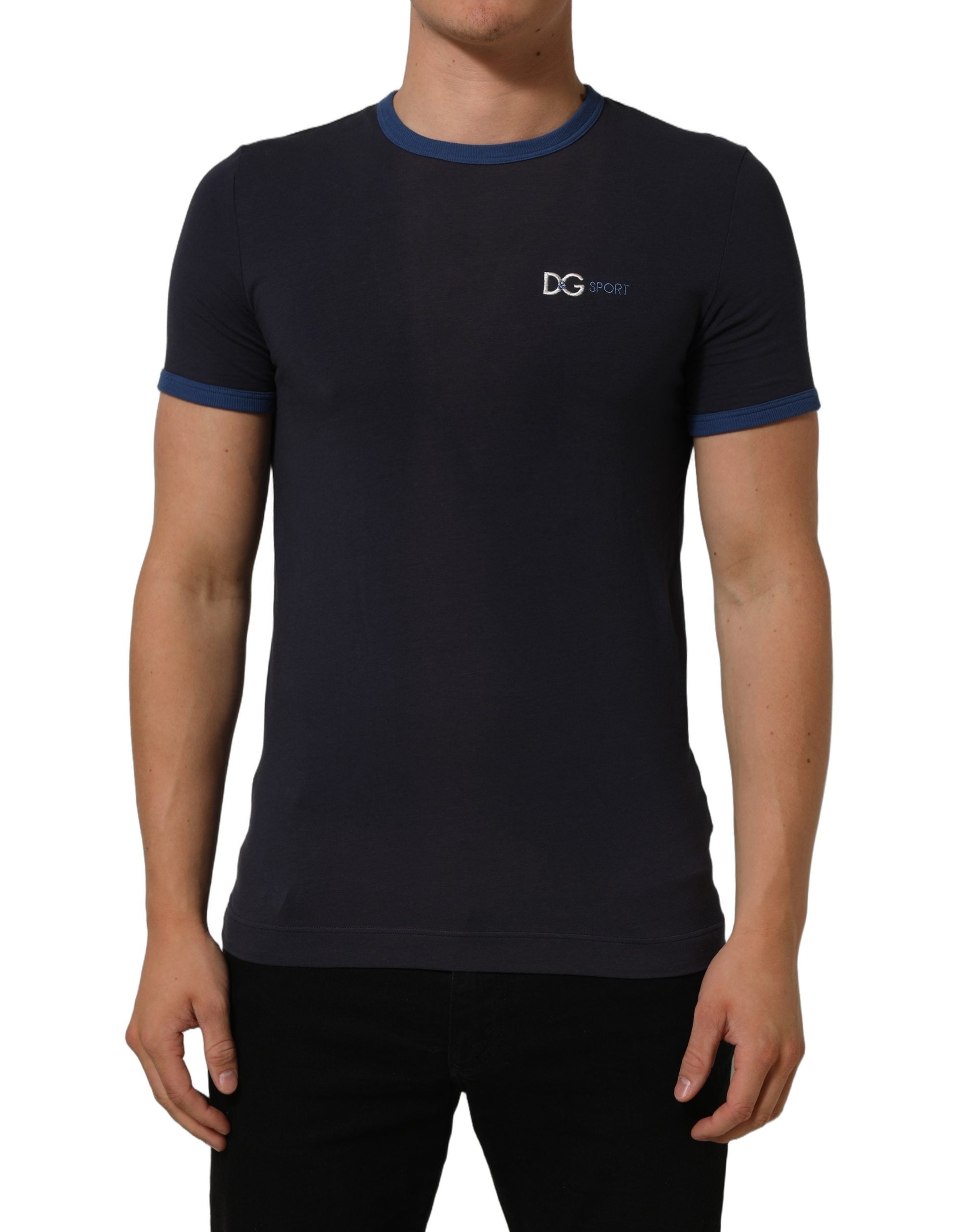 Dark Blue Cotton Stretch Round Neck T-shirt