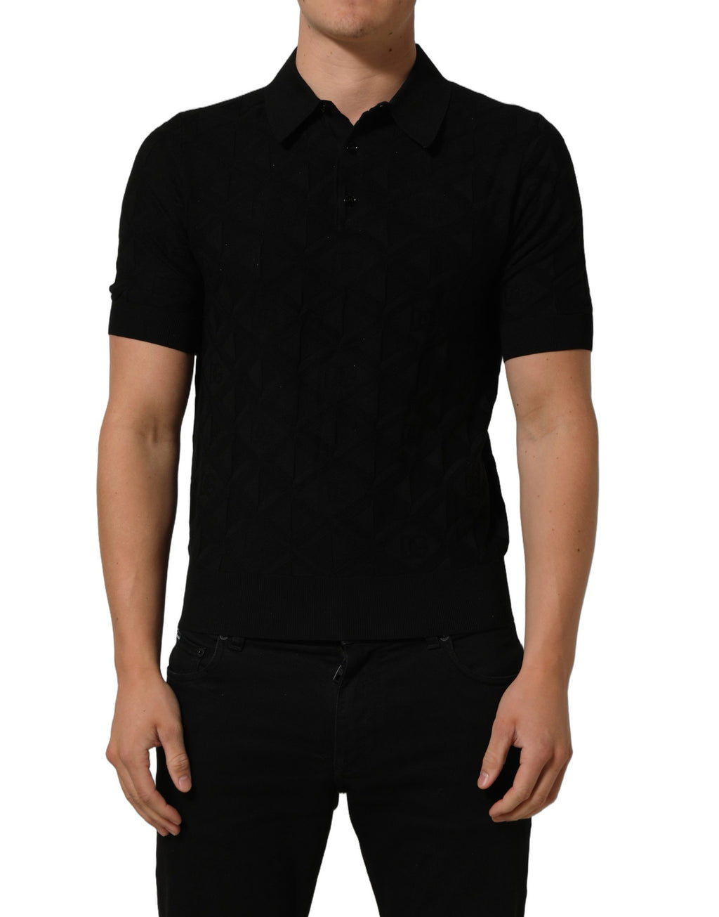 Black Silk Short Sleeve Knit Polo T-shirt