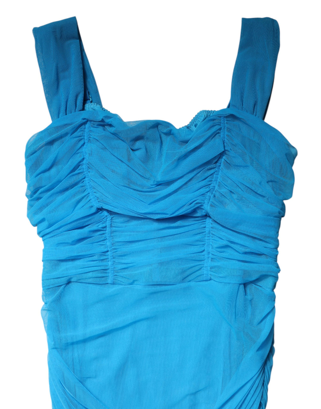 Blue Ruched Tulle Midi Square Neck Dress